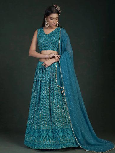 Stunning Teal Blue Sequins Embroidery Georgette Lehenga Choli